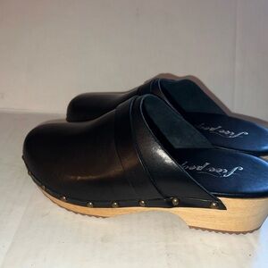 Free People Black Leather Mules with Tan Wooden Sole